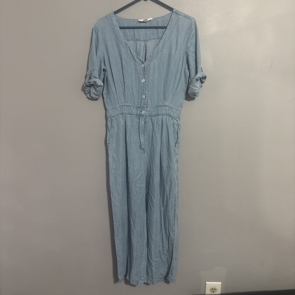 Lovestitch Jumpsuit Womens Sm Denim Chambray Cinch Waist Half Zip Wide Leg